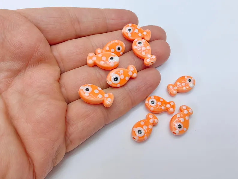 4 Porcelain Fish Beads, Red with White Dots, Ceramic Animal Beads, Flat Back, Cute Fish Charms, Jewelry Making Supplies 19x10mm G37059