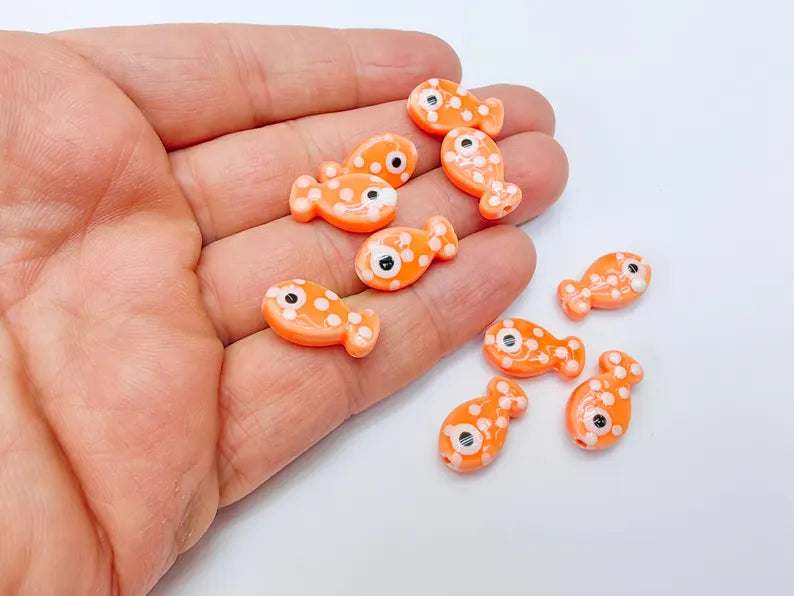 4 Porcelain Fish Beads, Red with White Dots, Ceramic Animal Beads, Flat Back, Cute Fish Charms, Jewelry Making Supplies 19x10mm G37059