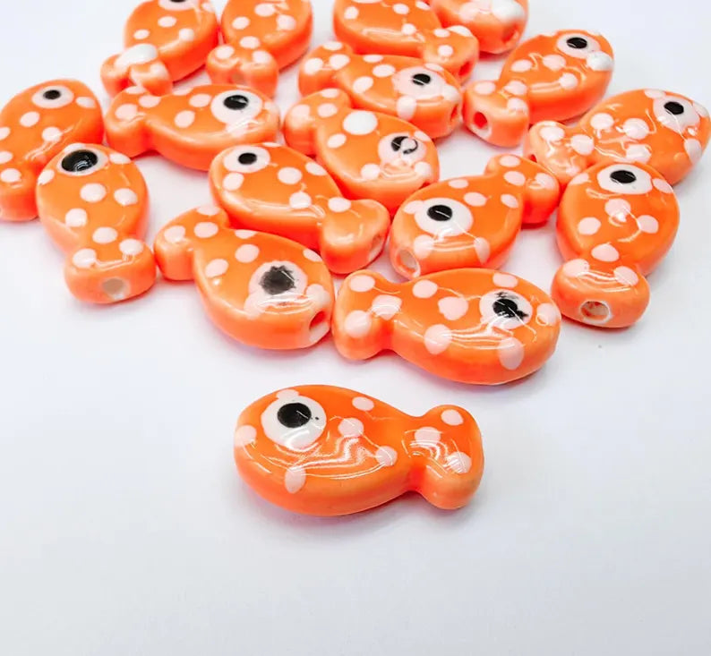4 Porcelain Fish Beads, Red with White Dots, Ceramic Animal Beads, Flat Back, Cute Fish Charms, Jewelry Making Supplies 19x10mm G37059