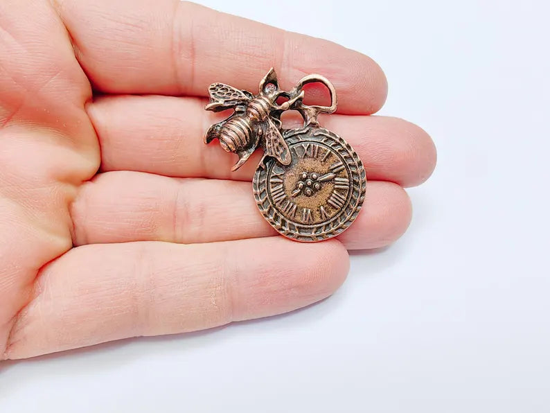 Bee and Clock Charm Antique Copper Plated Charms (46x32mm) G37061