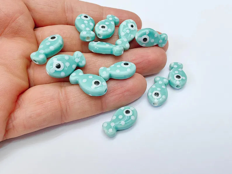 4 Porcelain Fish Beads, Turquoise Blue with White Dots, Ceramic Animal Beads, Flat Back, Cute Fish Charms, Jewelry Supplies 19x10mm G37062