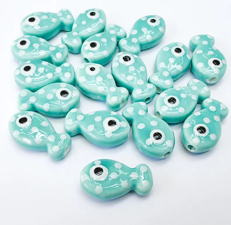 4 Porcelain Fish Beads, Turquoise Blue with White Dots, Ceramic Animal Beads, Flat Back, Cute Fish Charms, Jewelry Supplies 19x10mm G37062