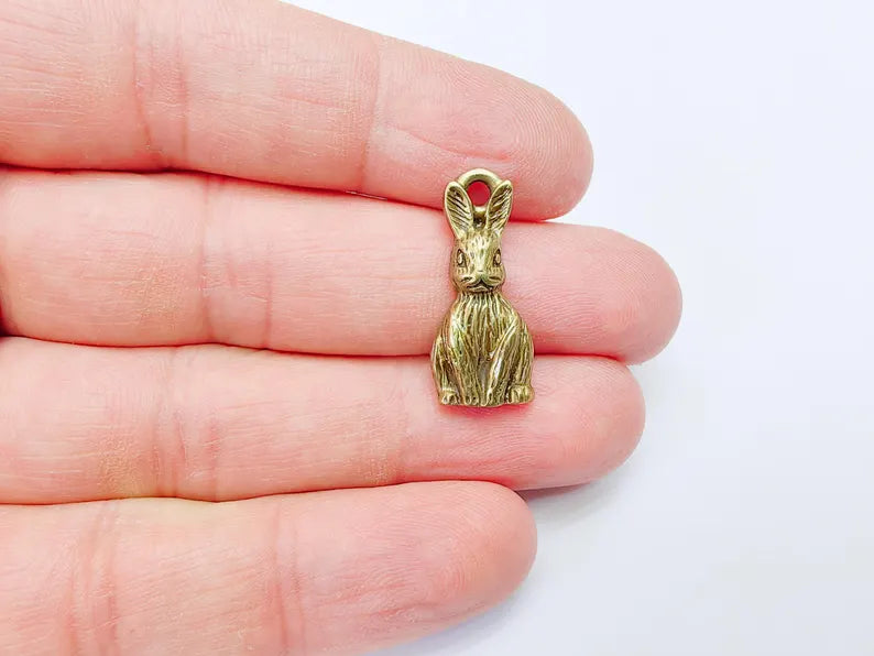 2 Rabbit Charm, Woodland Bunny Pendant, Earring Charms, Animal Jewelry Findings, Boho DIY Charm, Antique Bronze Plated Zamac 25x10mm G37063
