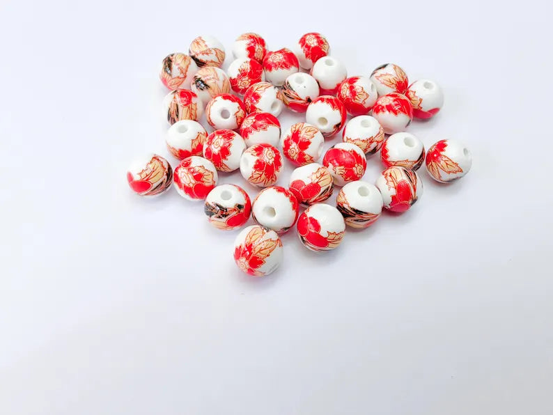 10 Red Floral Porcelain Beads, 10mm Round Ceramic Beads with Hole, Jewelry Making Supplies, DIY Necklace Bracelet Earrings Craft G37064