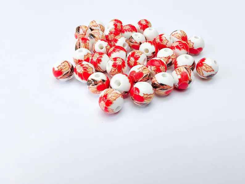 10 Red Floral Porcelain Beads, 10mm Round Ceramic Beads with Hole, Jewelry Making Supplies, DIY Necklace Bracelet Earrings Craft G37064
