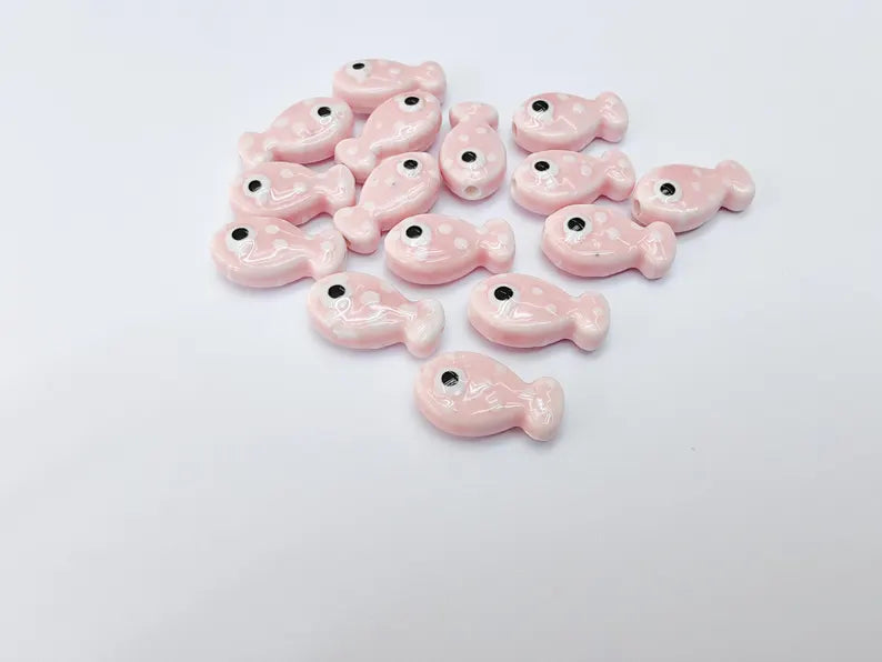 4 Porcelain Fish Beads, Pink with White Dots, Ceramic Animal Beads, Flat Back, Cute Fish Charms, Jewelry Making Supplies 19x10mm G37065