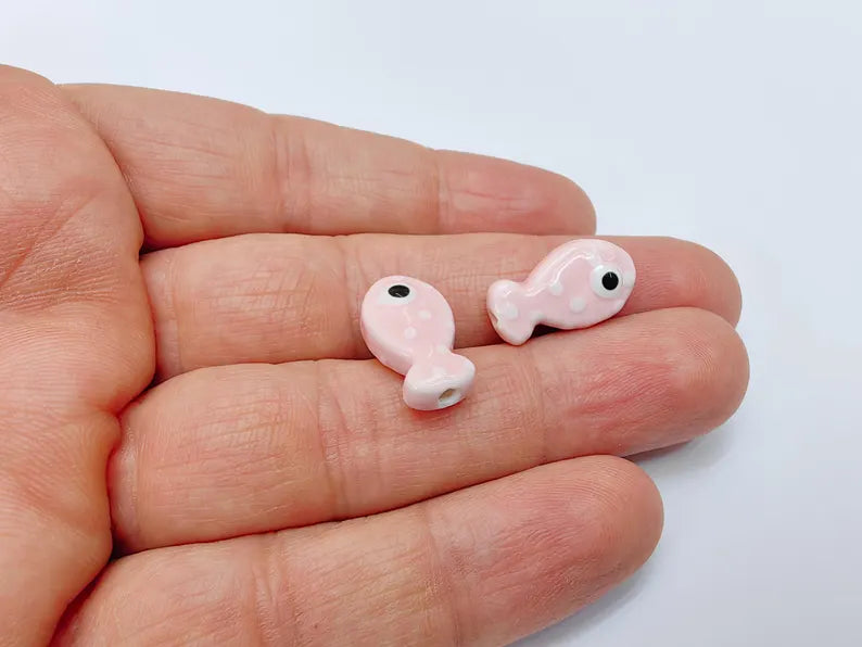4 Porcelain Fish Beads, Pink with White Dots, Ceramic Animal Beads, Flat Back, Cute Fish Charms, Jewelry Making Supplies 19x10mm G37065