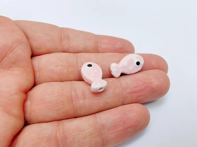 4 Porcelain Fish Beads, Pink with White Dots, Ceramic Animal Beads, Flat Back, Cute Fish Charms, Jewelry Making Supplies 19x10mm G37065