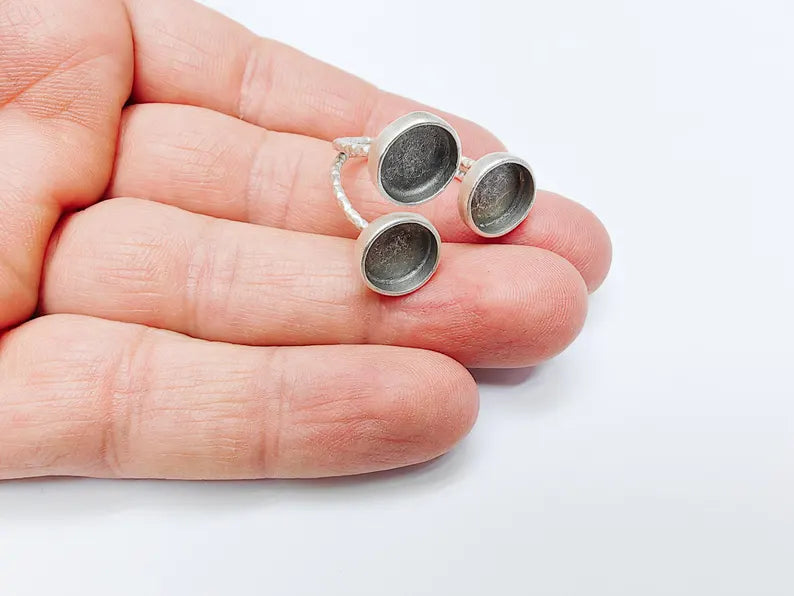 Triple Bezel Adjustable Ring Base, Raw Brass Ring Setting, DIY Jewelry, Blank Cabochon Ring Tray, Antique Silver Plated Brass 10mm G37066