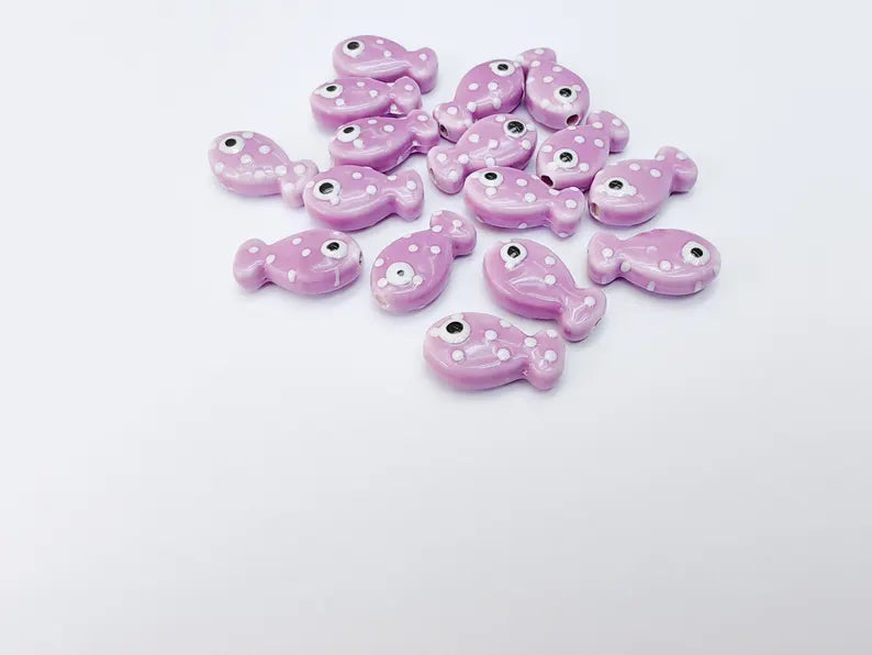 4 Porcelain Fish Beads, Purple with White Dots, Ceramic Animal Beads, Flat Back, Cute Fish Charms, Jewelry Making Supplies 19x10mm G37067