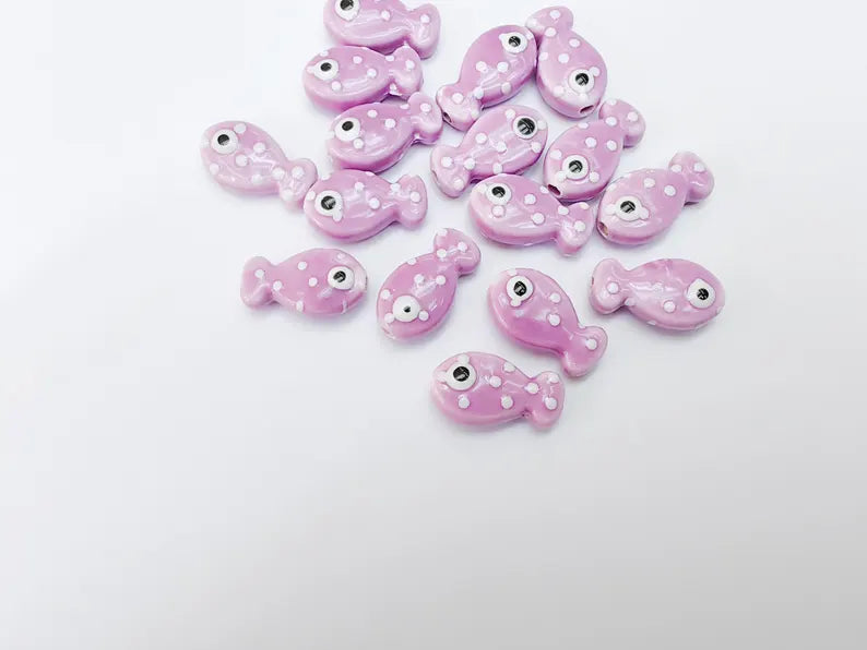 4 Porcelain Fish Beads, Purple with White Dots, Ceramic Animal Beads, Flat Back, Cute Fish Charms, Jewelry Making Supplies 19x10mm G37067