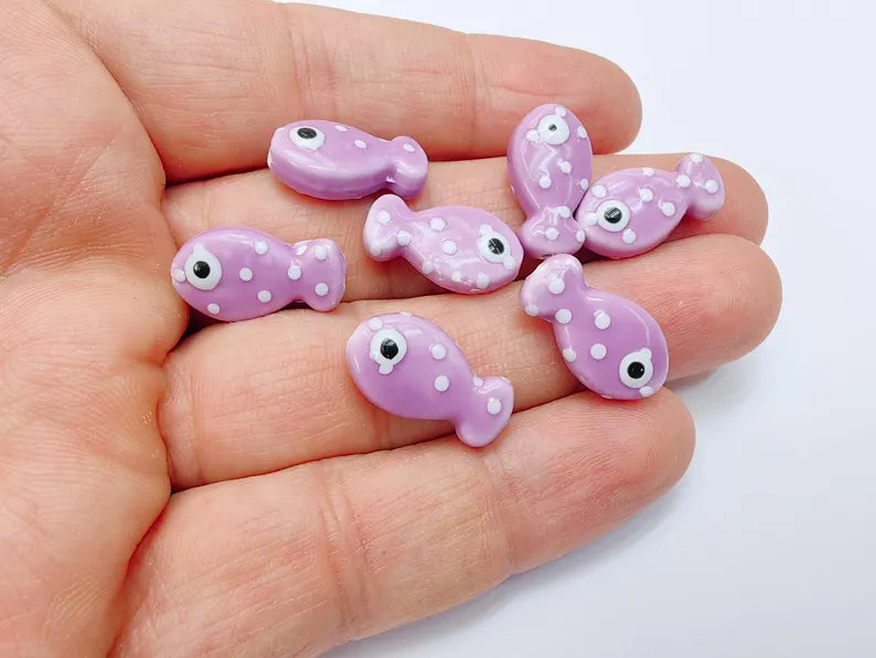 4 Porcelain Fish Beads, Purple with White Dots, Ceramic Animal Beads, Flat Back, Cute Fish Charms, Jewelry Making Supplies 19x10mm G37067