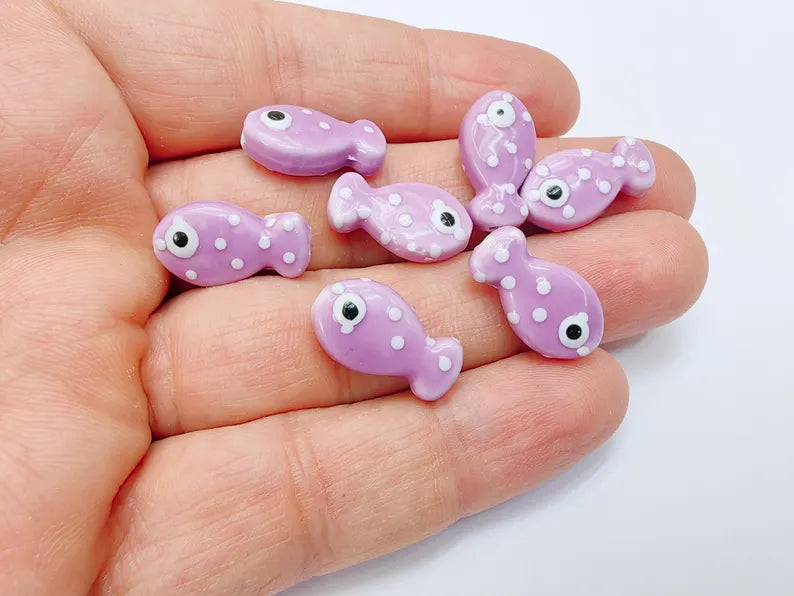4 Porcelain Fish Beads, Purple with White Dots, Ceramic Animal Beads, Flat Back, Cute Fish Charms, Jewelry Making Supplies 19x10mm G37067