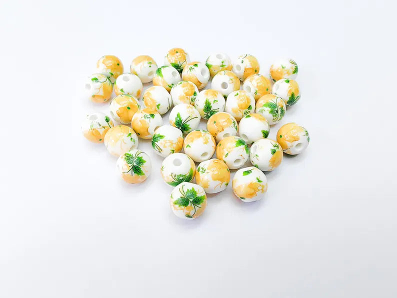 10 Floral Porcelain Beads, 10mm Round Ceramic Beads with Hole, Jewelry Making Supplies, DIY Necklace Bracelet Earrings Craft G37068