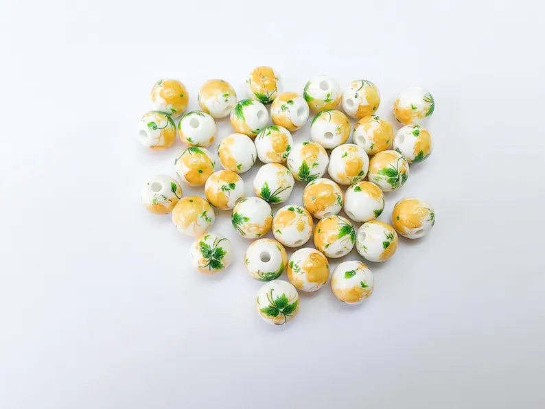 10 Floral Porcelain Beads, 10mm Round Ceramic Beads with Hole, Jewelry Making Supplies, DIY Necklace Bracelet Earrings Craft G37068