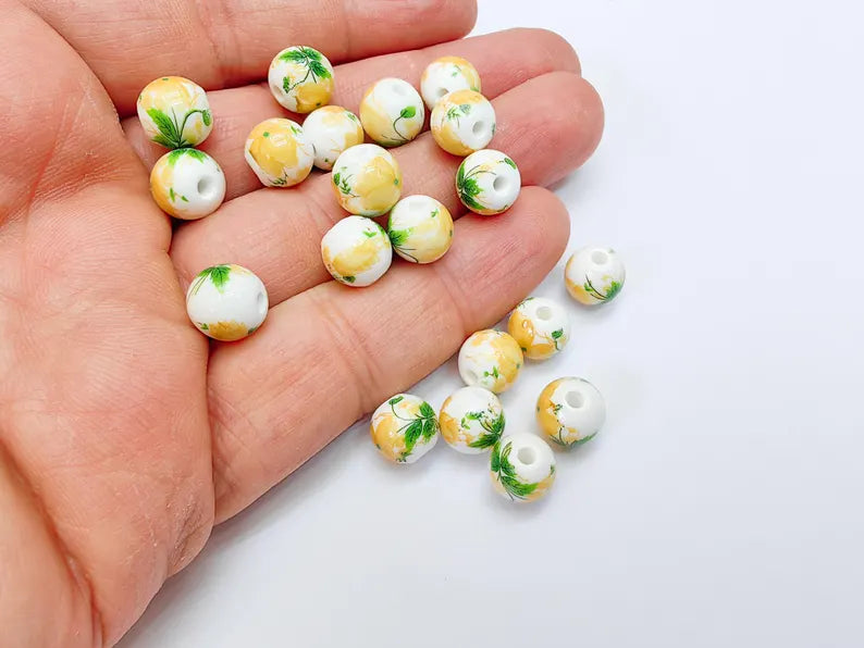 10 Floral Porcelain Beads, 10mm Round Ceramic Beads with Hole, Jewelry Making Supplies, DIY Necklace Bracelet Earrings Craft G37068