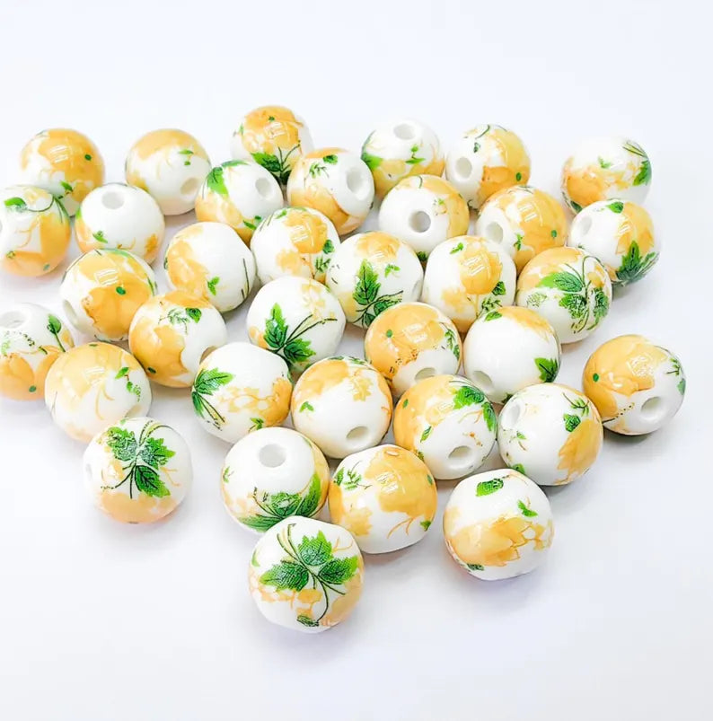 10 Floral Porcelain Beads, 10mm Round Ceramic Beads with Hole, Jewelry Making Supplies, DIY Necklace Bracelet Earrings Craft G37068