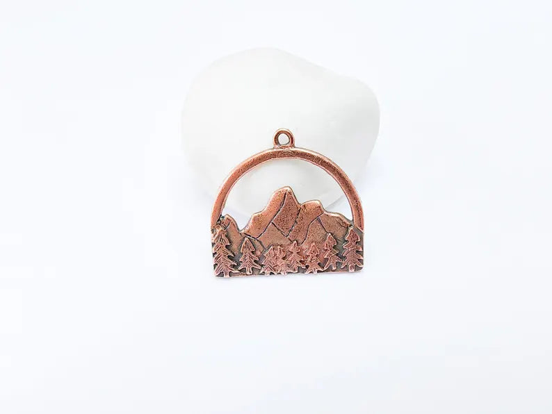 Mountain Forest Charms, Nature Landscape Pendant, Jewelry Supply, Boho Craft Finding Antique Copper Plated Pendant (35x34mm) G37069