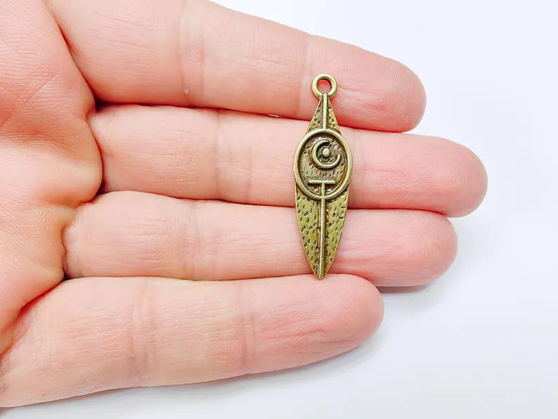 Tribal Moon Crescent Charm, Bohemian Celestial Pendant, Ethnic Jewelry Supplies, Handmade Lunar, Antique Bronze Plated 40x11mm G37013