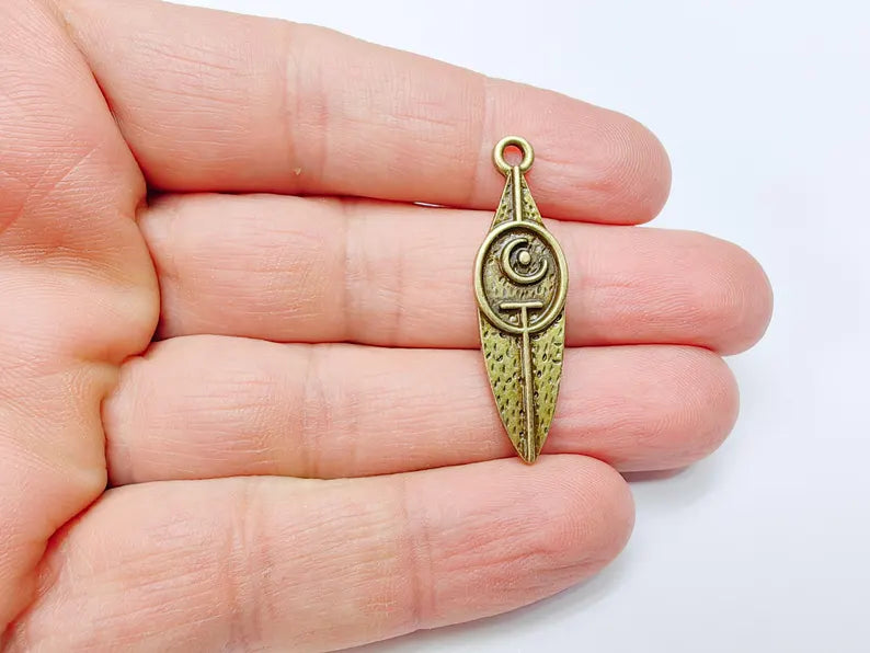 Tribal Moon Crescent Charm, Bohemian Celestial Pendant, Ethnic Jewelry Supplies, Handmade Lunar, Antique Bronze Plated 40x11mm G37013