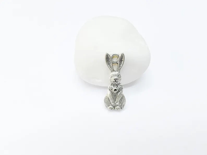 2 Rabbit Charm, Woodland Bunny Pendant, Earring Charms, Animal Jewelry Findings, Boho DIY Charm, Antique Silver Plated Zamac 33x13mm G37017