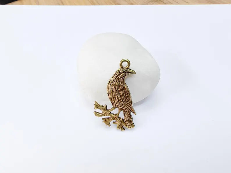 Raven Charm Pendant, Gothic Boho Charm, Nature Earring Charm, Mystical Bird, Necklace Parts, Antique Bronze Plated 39x25mm G37018