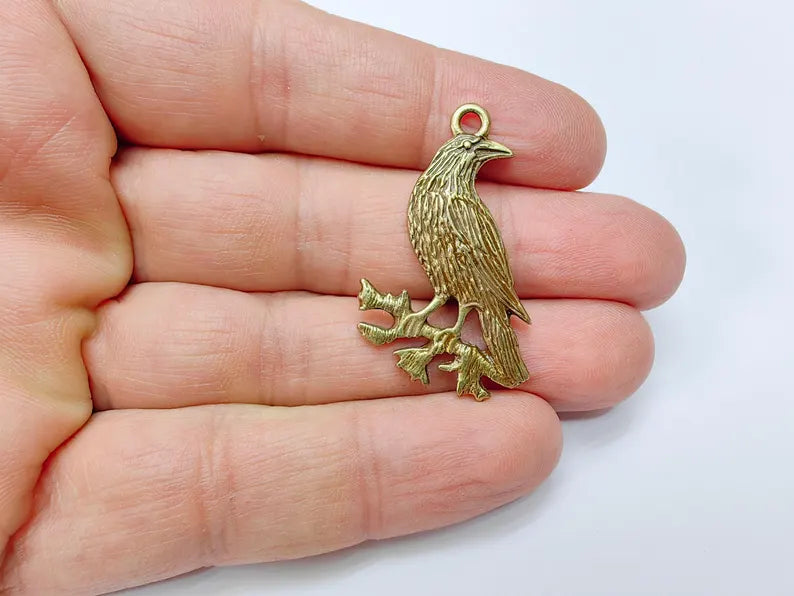 Raven Charm Pendant, Gothic Boho Charm, Nature Earring Charm, Mystical Bird, Necklace Parts, Antique Bronze Plated 39x25mm G37018