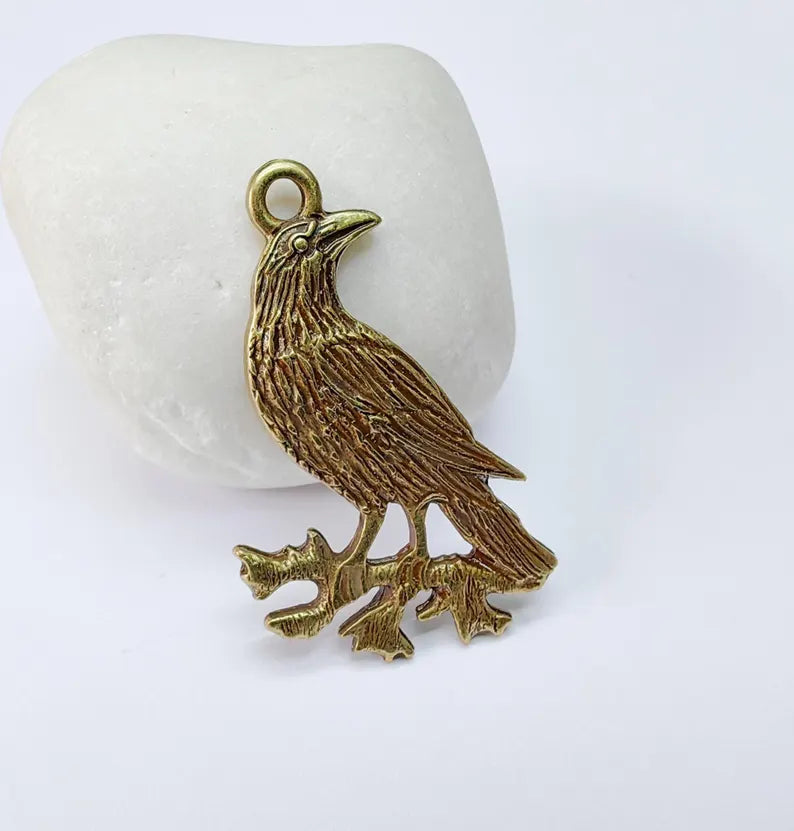 Raven Charm Pendant, Gothic Boho Charm, Nature Earring Charm, Mystical Bird, Necklace Parts, Antique Bronze Plated 39x25mm G37018
