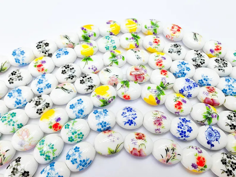 22 Floral Oval Porcelain Ceramic Bead Strand, 22 Pcs Full Strand, White Beads with Colorful Flower Print, 14x11mm Glossy Jewelry Bead G37021
