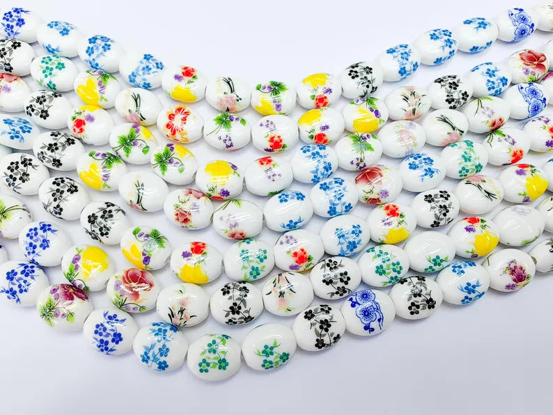 22 Floral Oval Porcelain Ceramic Bead Strand, 22 Pcs Full Strand, White Beads with Colorful Flower Print, 14x11mm Glossy Jewelry Bead G37021