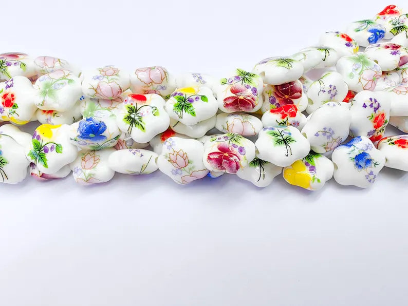 25 Floral Flower Porcelain Ceramic Bead Strand, 25 Pcs Full Strand, White Beads with Colorful Flower Print, 14x13mm Glossy Jewelry G37023
