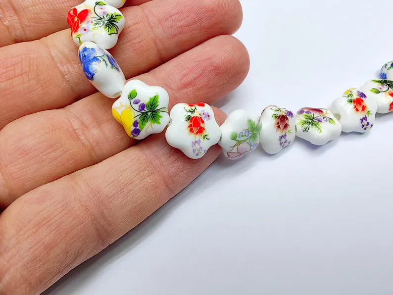 25 Floral Flower Porcelain Ceramic Bead Strand, 25 Pcs Full Strand, White Beads with Colorful Flower Print, 14x13mm Glossy Jewelry G37023