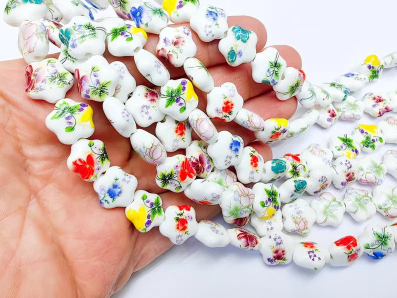 25 Floral Flower Porcelain Ceramic Bead Strand, 25 Pcs Full Strand, White Beads with Colorful Flower Print, 14x13mm Glossy Jewelry G37023