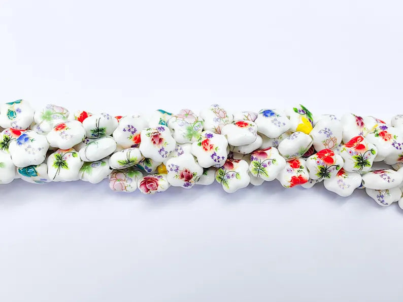 25 Floral Flower Porcelain Ceramic Bead Strand, 25 Pcs Full Strand, White Beads with Colorful Flower Print, 14x13mm Glossy Jewelry G37023