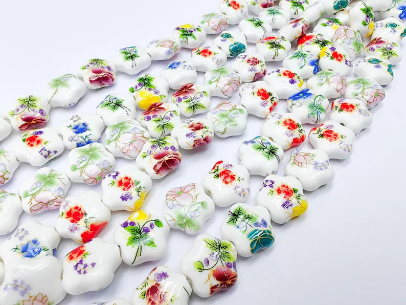 25 Floral Flower Porcelain Ceramic Bead Strand, 25 Pcs Full Strand, White Beads with Colorful Flower Print, 14x13mm Glossy Jewelry G37023