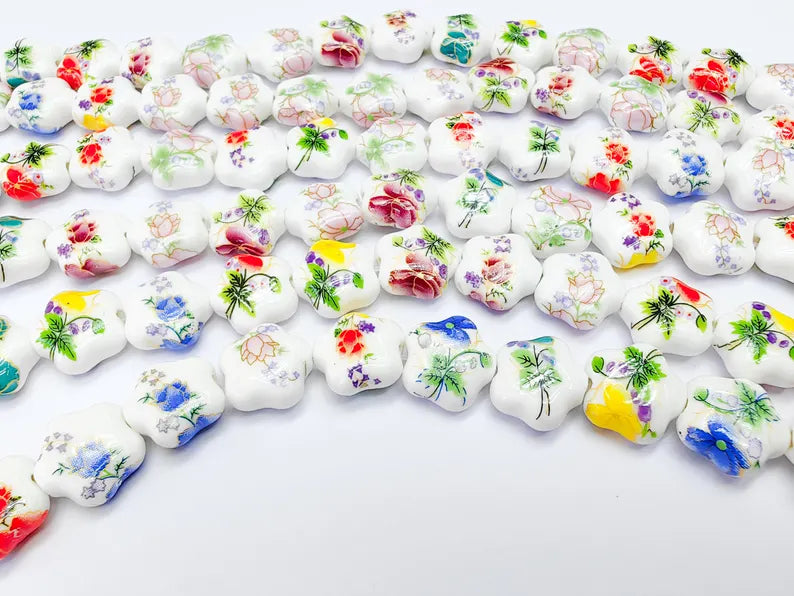 25 Floral Flower Porcelain Ceramic Bead Strand, 25 Pcs Full Strand, White Beads with Colorful Flower Print, 14x13mm Glossy Jewelry G37023