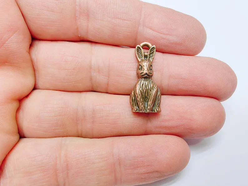 2 Rabbit Charm, Woodland Bunny Pendant, Earring Charms, Animal Jewelry Findings, Boho DIY Charm, Antique Copper Plated Zamac 25x10mm G37025