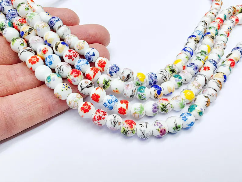 40 Floral Round Porcelain Ceramic Bead Strand, 40 Pcs Full Strand, White Beads with Colorful Flower Print, 11x6mm Glossy Jewelry Bead G37031