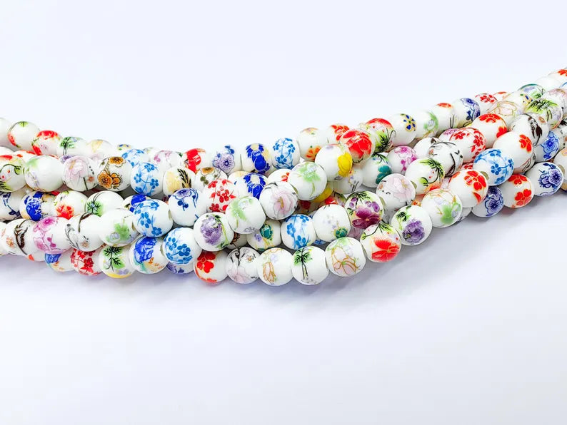 40 Floral Round Porcelain Ceramic Bead Strand, 40 Pcs Full Strand, White Beads with Colorful Flower Print, 11x6mm Glossy Jewelry Bead G37031