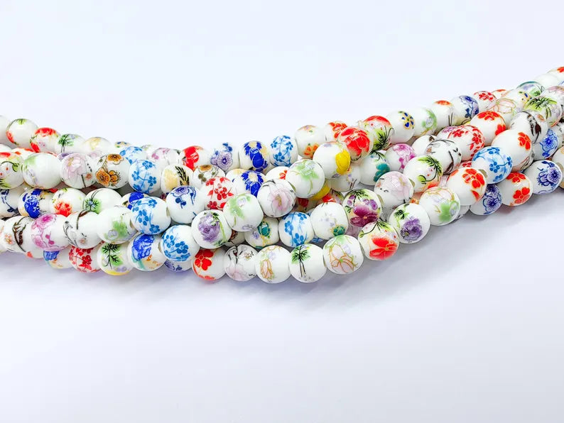 40 Floral Round Porcelain Ceramic Bead Strand, 40 Pcs Full Strand, White Beads with Colorful Flower Print, 11x6mm Glossy Jewelry Bead G37031
