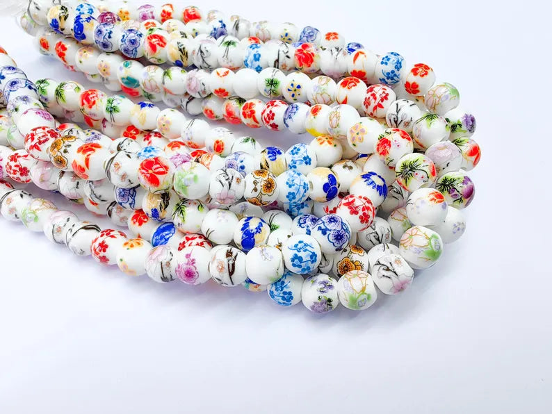 40 Floral Round Porcelain Ceramic Bead Strand, 40 Pcs Full Strand, White Beads with Colorful Flower Print, 11x6mm Glossy Jewelry Bead G37031