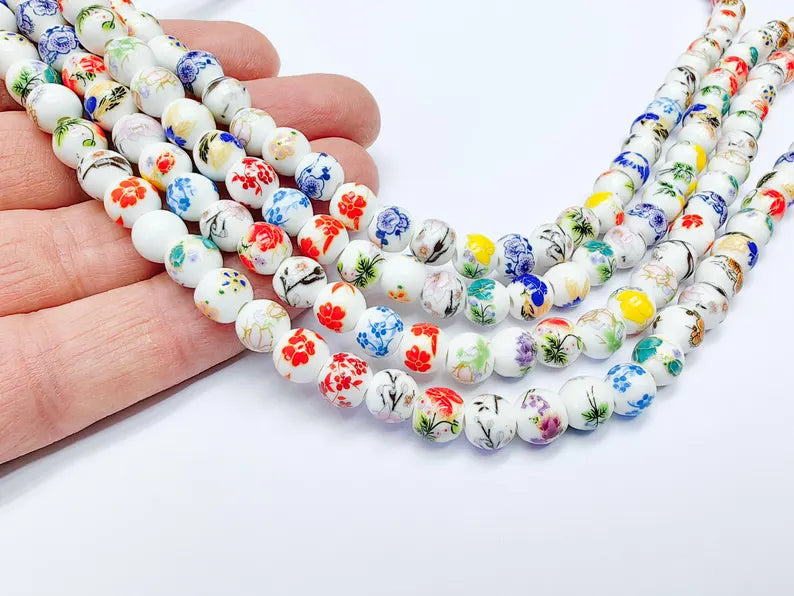 40 Floral Round Porcelain Ceramic Bead Strand, 40 Pcs Full Strand, White Beads with Colorful Flower Print, 11x6mm Glossy Jewelry Bead G37031