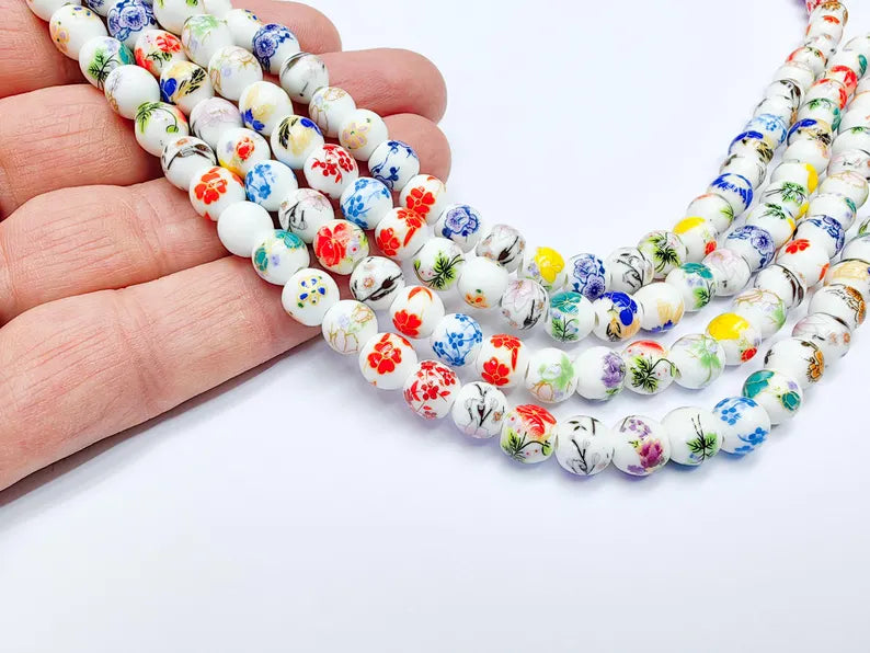 40 Floral Round Porcelain Ceramic Bead Strand, 40 Pcs Full Strand, White Beads with Colorful Flower Print, 11x6mm Glossy Jewelry Bead G37031