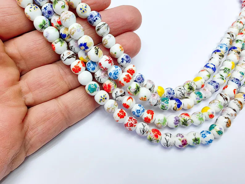 40 Floral Round Porcelain Ceramic Bead Strand, 40 Pcs Full Strand, White Beads with Colorful Flower Print, 11x6mm Glossy Jewelry Bead G37031