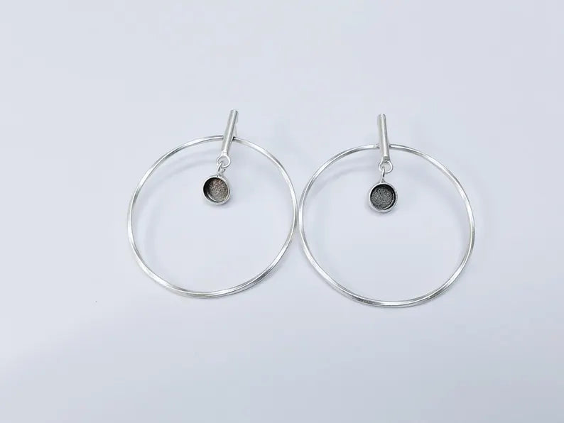 Minimalist Circle Drop Earrings, Antique Silver Plated Geometric Hoops with Small Bezel Charm, Modern Lightweight Jewelry (8mm blank) G37070