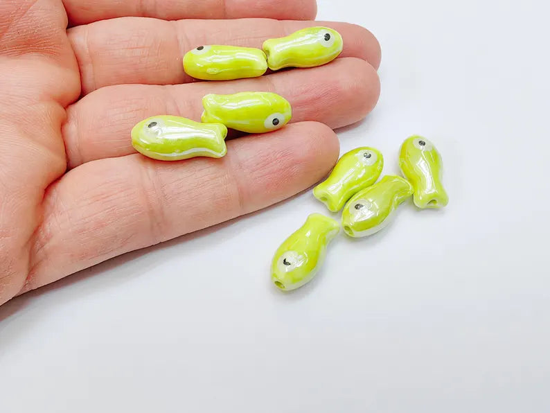 4 Porcelain Fish Beads, Ceramic Fish Beads, Lime Green Beads for Jewelry Making, Cute Fish Beads for DIY Crafts and Accessories 19x10mm G37071