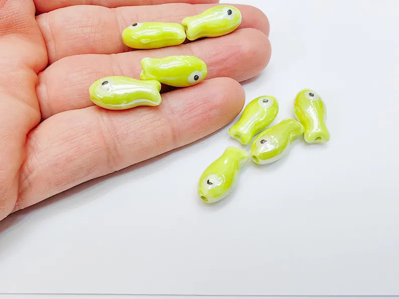 4 Porcelain Fish Beads, Ceramic Fish Beads, Lime Green Beads for Jewelry Making, Cute Fish Beads for DIY Crafts and Accessories 19x10mm G37071