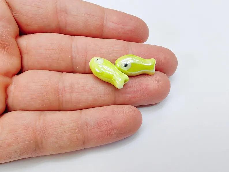4 Porcelain Fish Beads, Ceramic Fish Beads, Lime Green Beads for Jewelry Making, Cute Fish Beads for DIY Crafts and Accessories 19x10mm G37071