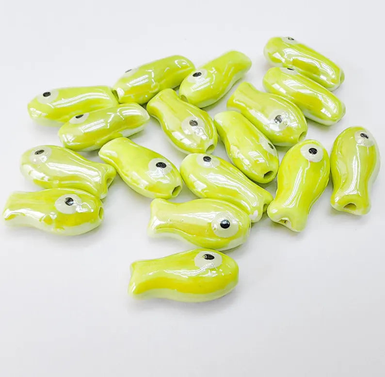 4 Porcelain Fish Beads, Ceramic Fish Beads, Lime Green Beads for Jewelry Making, Cute Fish Beads for DIY Crafts and Accessories 19x10mm G37071