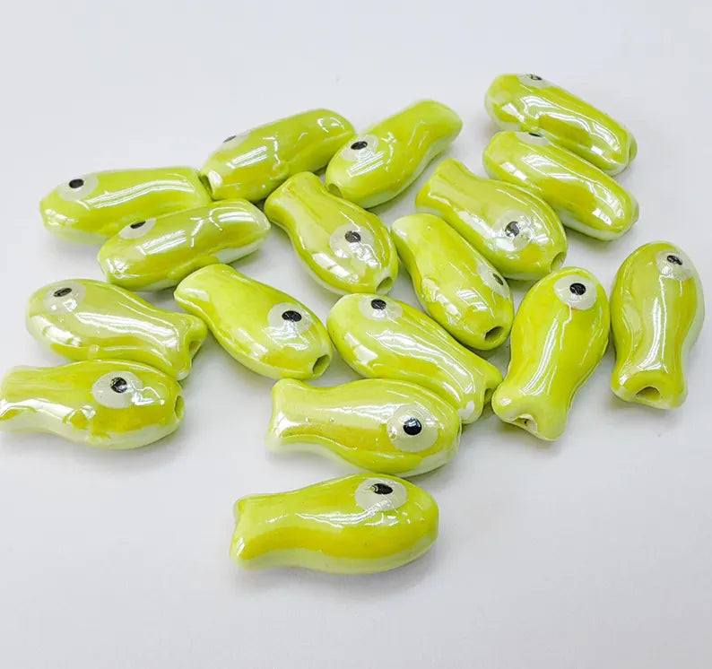 4 Porcelain Fish Beads, Ceramic Fish Beads, Lime Green Beads for Jewelry Making, Cute Fish Beads for DIY Crafts and Accessories 19x10mm G37071